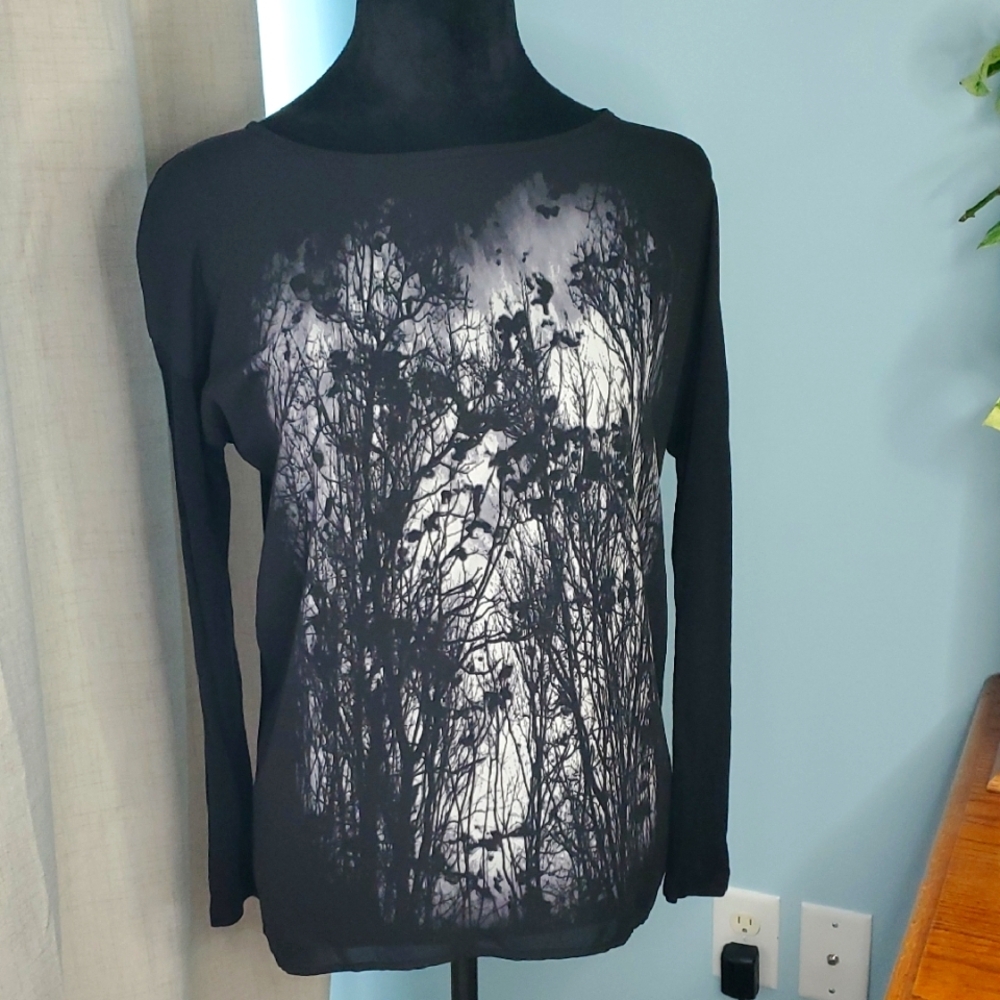 Kensie Black Graphic Long Sleeve Top S